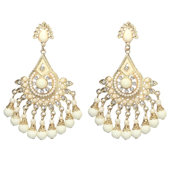 Large Cream Bead Chandelier Statement Drop Earrings - Picture 1 of 3